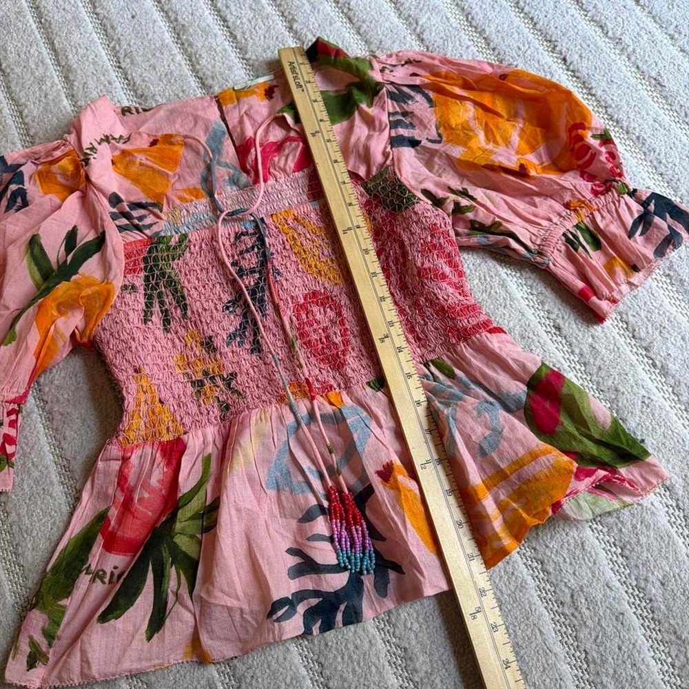 Farm Rio Mixed Fruit Smocked Bodice Blouse size Medium Boho Tropical Summer - Picture 3 of 8